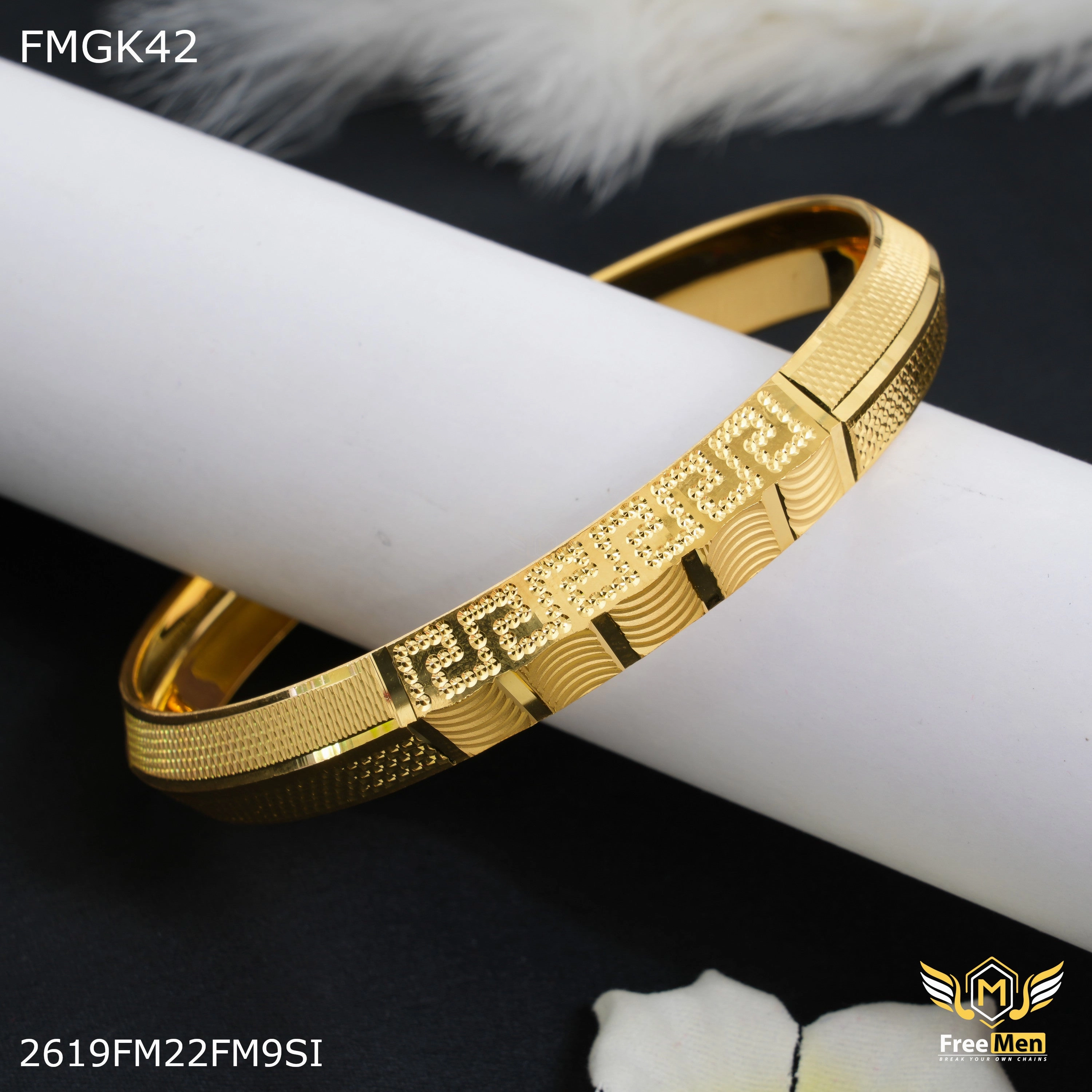 Glamorous Sparkle FreeMen Dot with Lining gold plated kada for Men FMGK42