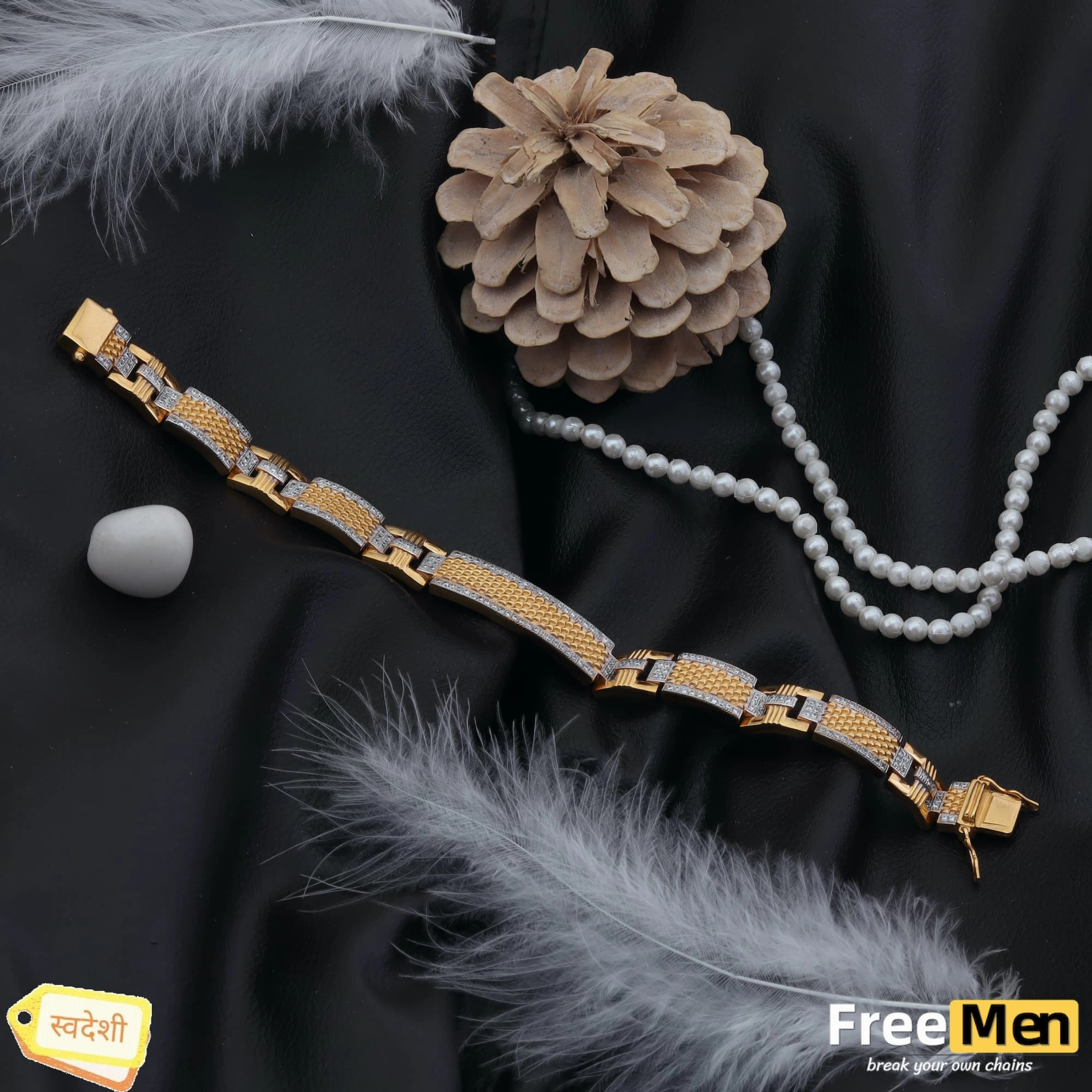 FreeMen Gold Plated Diamond Bracelet (6 Month warranty) FMGA012 Natural Elements