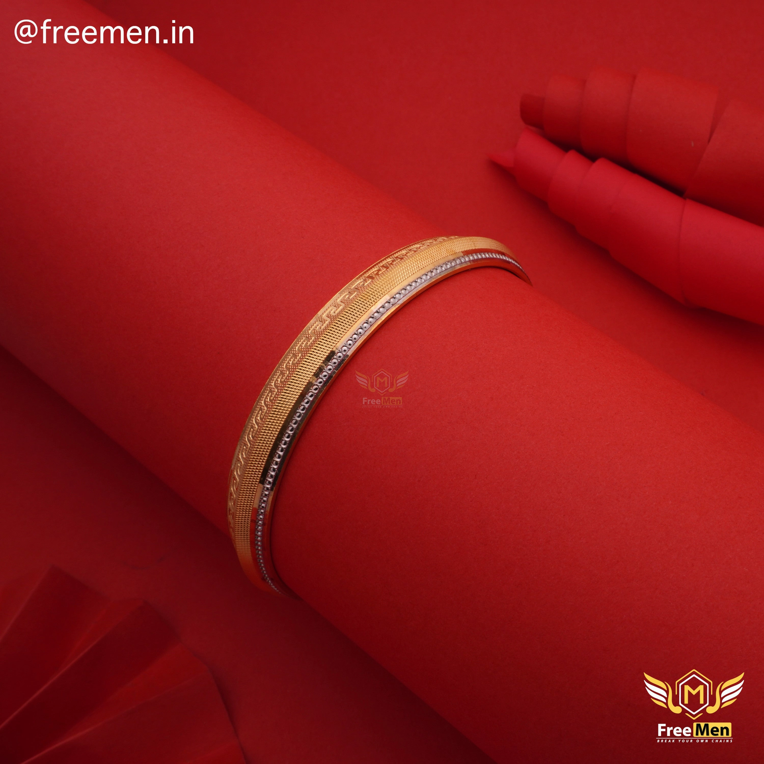 Elegant Gift Shiny Features Freemen Gold Plated Rhodium Line Artisanal Design Kada For Men - FM209
