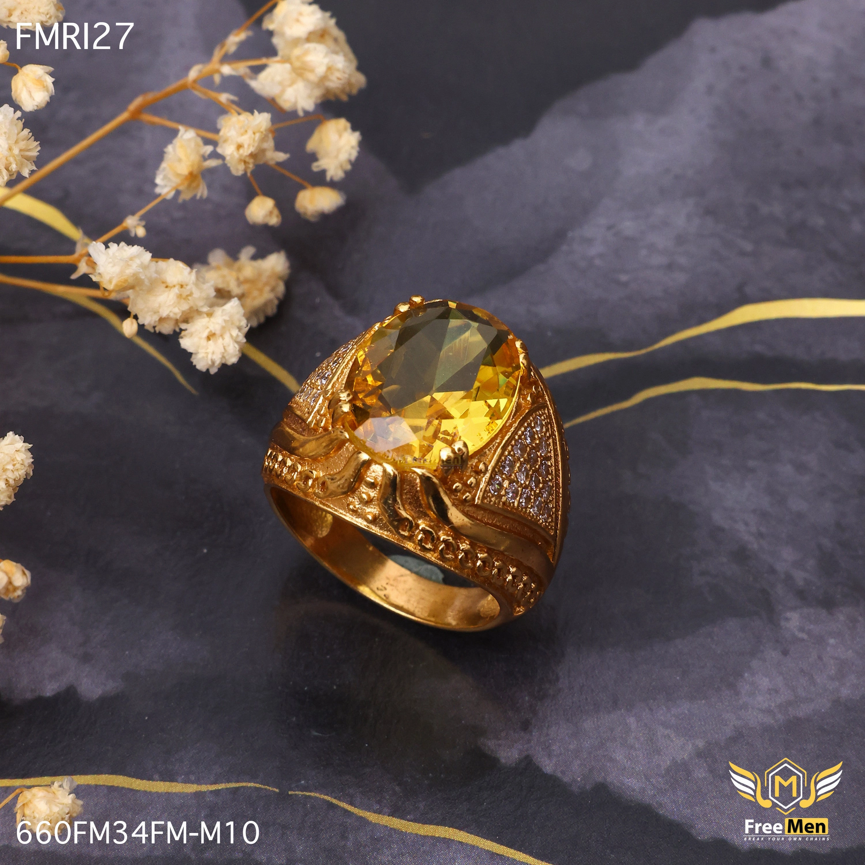 Vibrant Jewelry Look Freemen Oviform Yellow AD Design Golden Ring - FMRI27