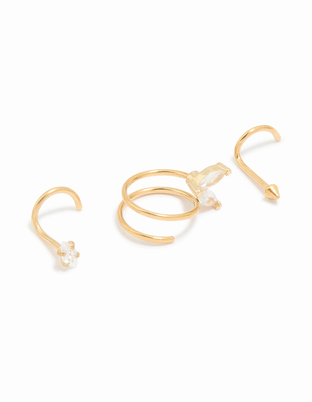 Gold Plated Surgical Steel Cubic Zirconia Nose Hook Studs & Nose Ring 3-Pack Minimalist Charm Refined Finish