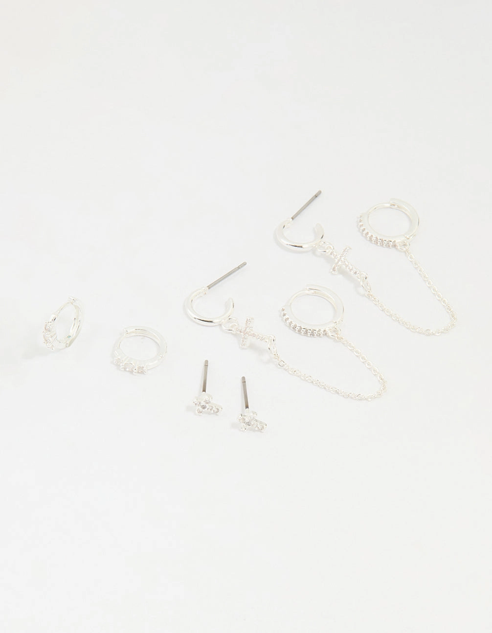 Work Day Style Silver Plated Brass Cubic Zirconia Cross Stud & Chain Earrings 4-Pack