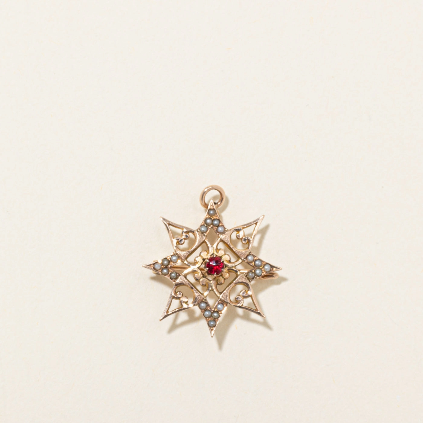 Red Glass & Seed Pearl Sunburst Convertible Pendant Brooch | 0.15ct Allure Accent