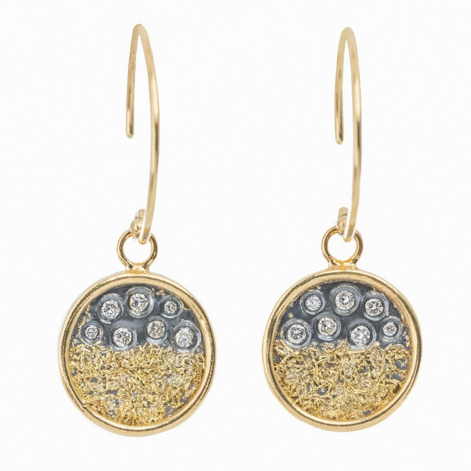 Traveler??s Coin Earrings - 22ky gold dust, 18k Gold, Oxidized Silver   Reclaimed Diamonds Dainty Accessory