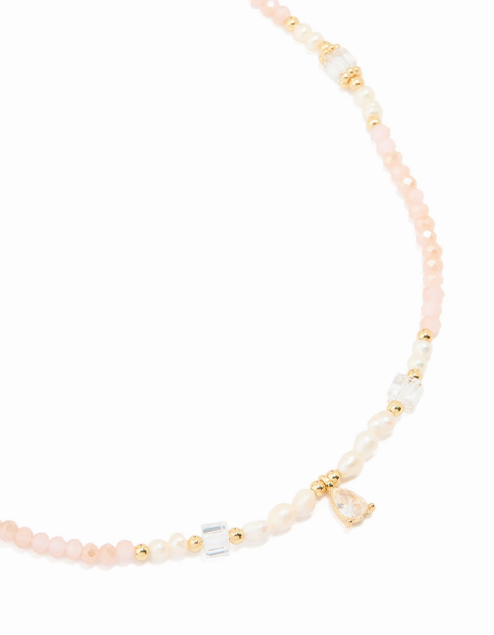 Gold Plated Rose Quartz Freshwater Pearl Cubic Zirconia Beaded Necklace Glam Choice Style Focus