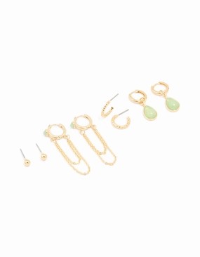 Gold Plated Green Semi Precious Stone Huggie Earrings 4-Pack Vibrant Jewelry Craftwork Natural Details
