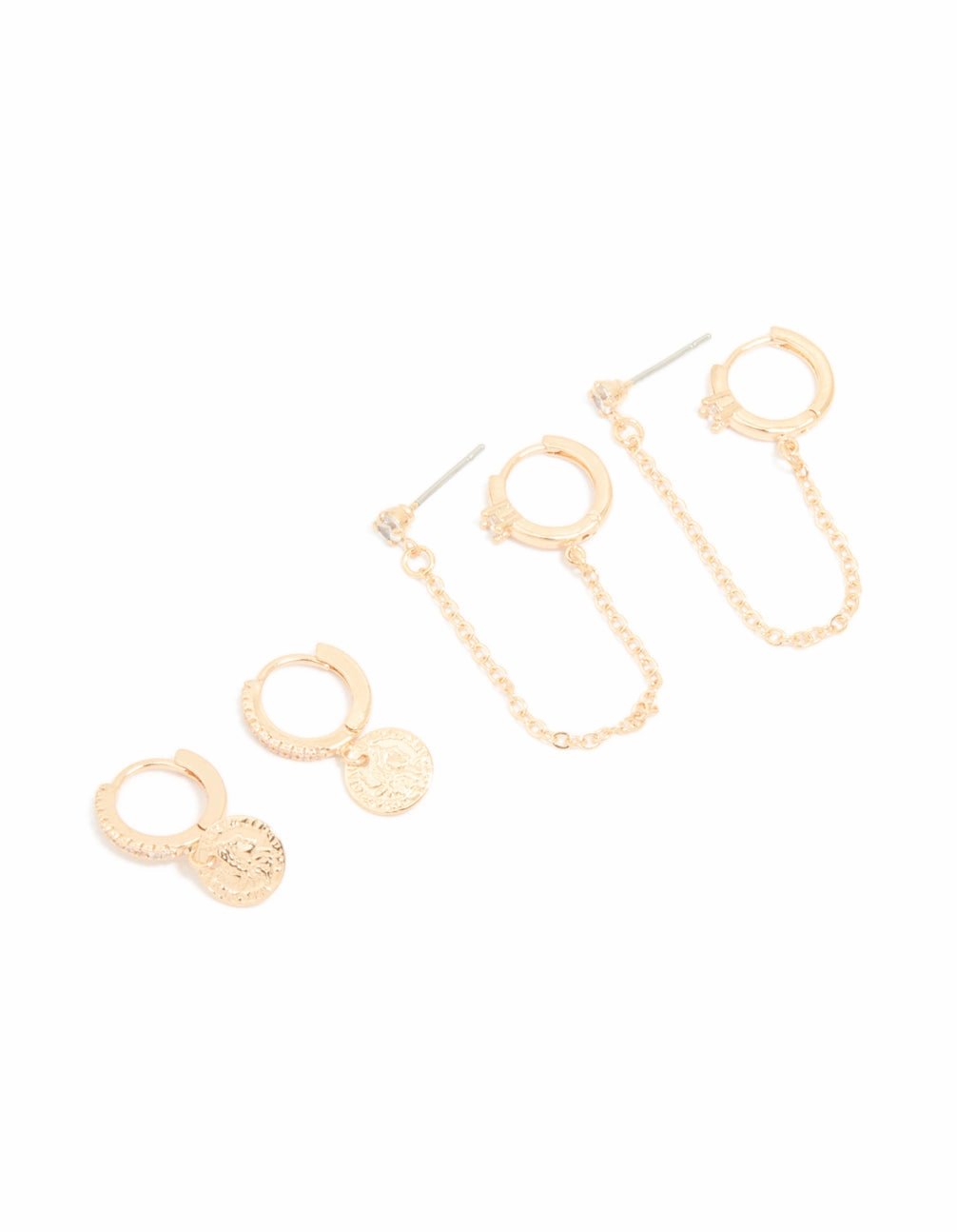 Gold Cubic Zirconia Molten Huggies & Chain Earrings 3-Pack Luxe Design