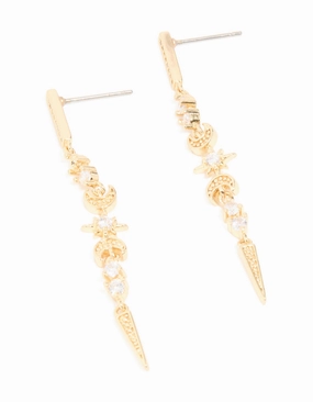 Gold Plated Cubic Zirconia Celestial Linear Earrings Captivating Style Polished Surface