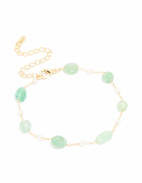 Gold Plated Green Semi Precious Stone & Mini Pearl Bracelet Brunch Look