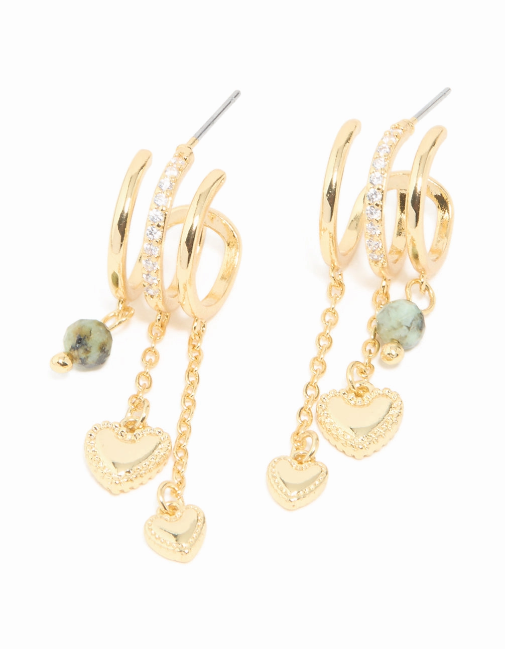 Modern Detail Contemporary Style Gold Plated Heart & Semi Precious Stone Chain Hoop Earrings
