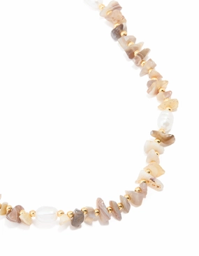 Gold Plated Mixed Semi Precious Stone Pearl Chip Necklace Minimal Piece Autumn Style
