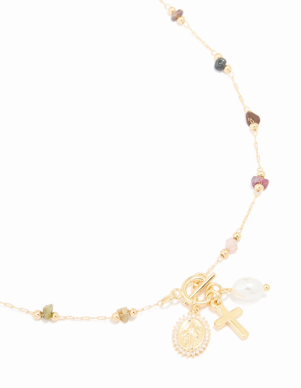 Radiant Design Chic Contour Gold Plated Multicoloured Semi Precious Stone Freshwater Pearl Cross Charm Necklace