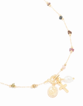 Radiant Design Chic Contour Gold Plated Multicoloured Semi Precious Stone Freshwater Pearl Cross Charm Necklace
