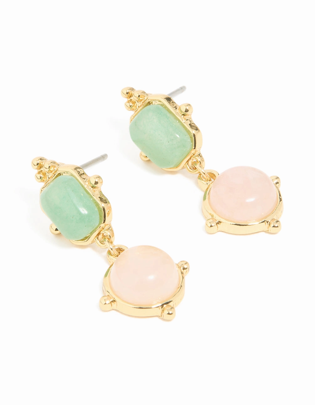 Polished Radiance Gold Plated Rose Quartz & Green Semi Precious Stone Detail Outline Drop Earrings