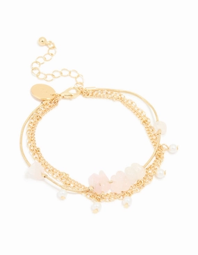 High Polish Simple Form Gold Plated Rose Quartz & Pearl Chain Layered Bracelet