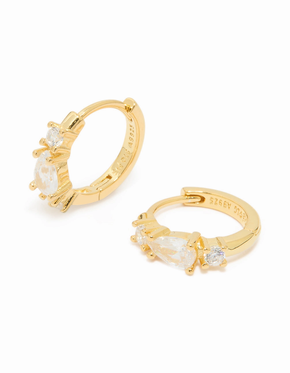 Gold Plated Sterling Silver Pear Cubic Zirconia Huggie Earrings Event Outfit Clean Detail