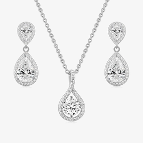 Crisp Accent Halo Pear CZ Necklace and Earrings Set