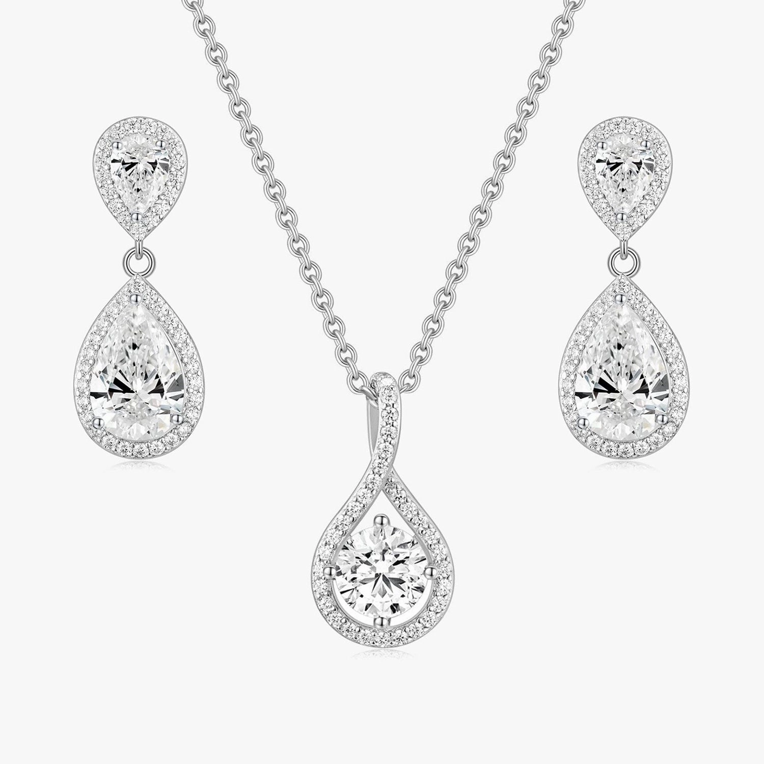 Crisp Accent Halo Pear CZ Necklace and Earrings Set