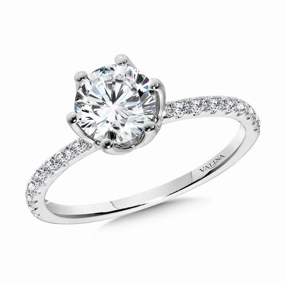 14kw .25ctw Round Diamond Thin Shank Semi Mount w/ 6 prong Tulip Head for 1ct Rnd Center Personal Design