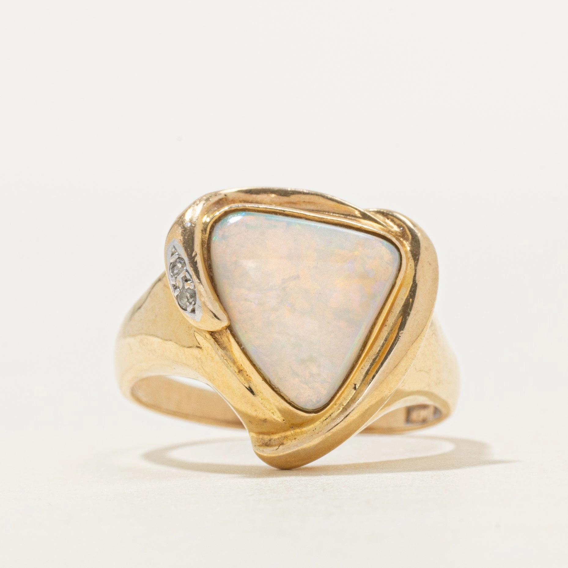 Casual Wear Minimal Chic Yellow Gold Opal & Diamond Triangle Ring | 1.35ct, 0.01ctw | SZ 8.75