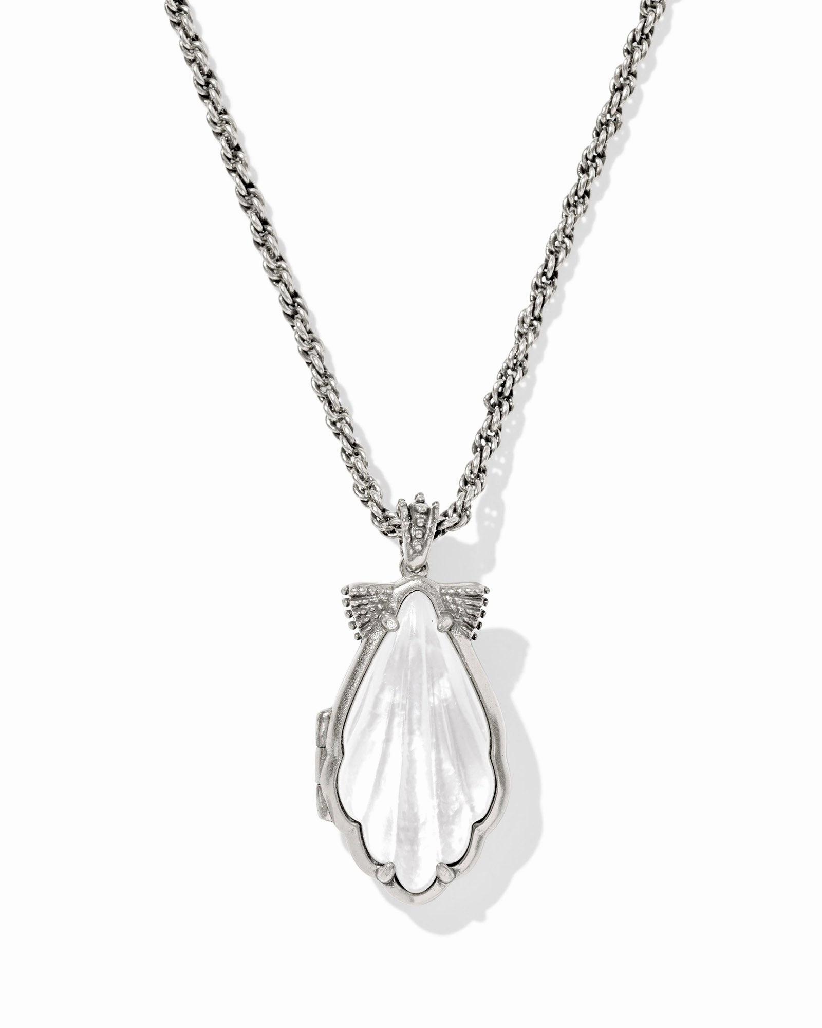 Kendra Scott Alexa Locket Vintage Silver Ivory Mother of Pearl Short Pendant Necklace Sculpted Shape
