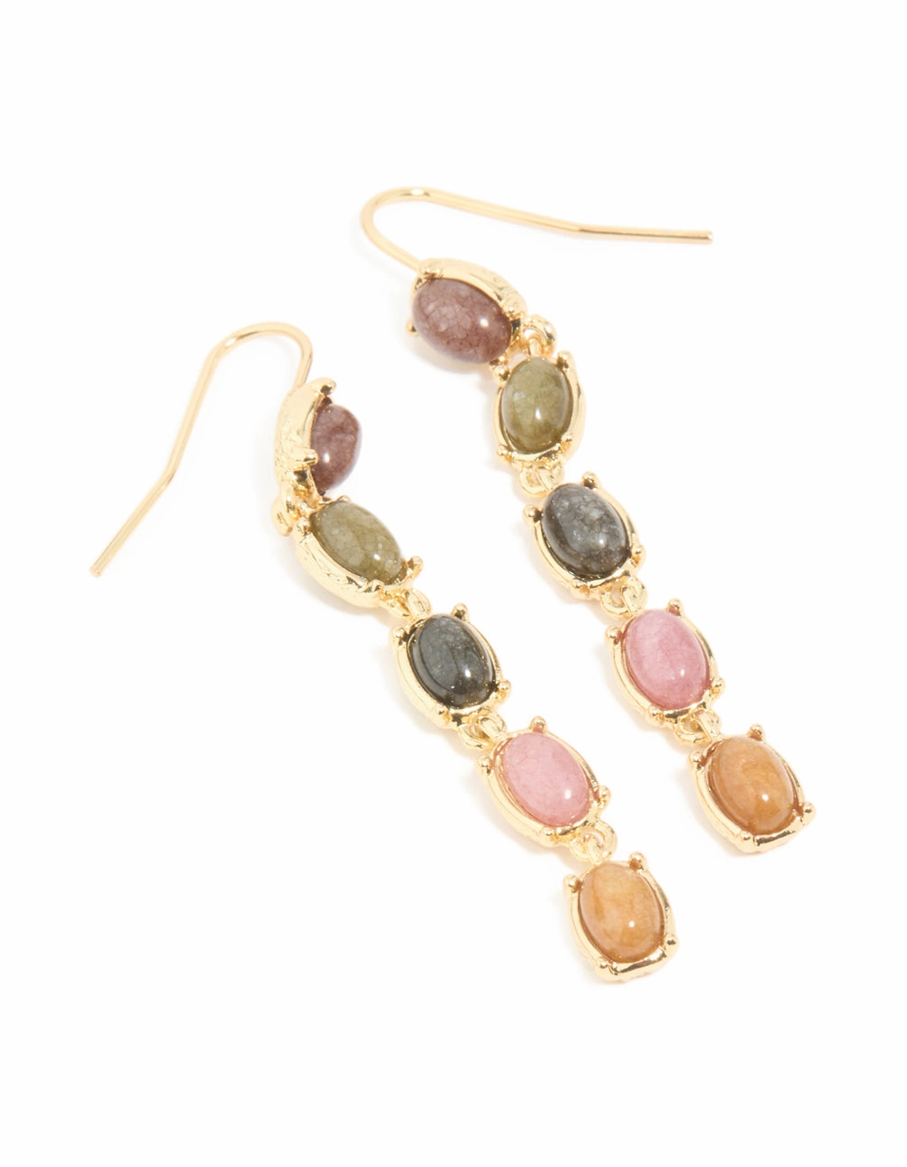 Romantic Feel Gold Plated Oval Multicoloured Semi Precious Stone Hook Earrings