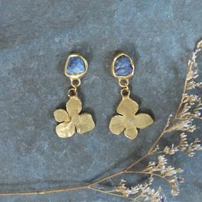 Dainty Charm Hydrangea Bloom Earrings - Brass, Tanzanite   Silver