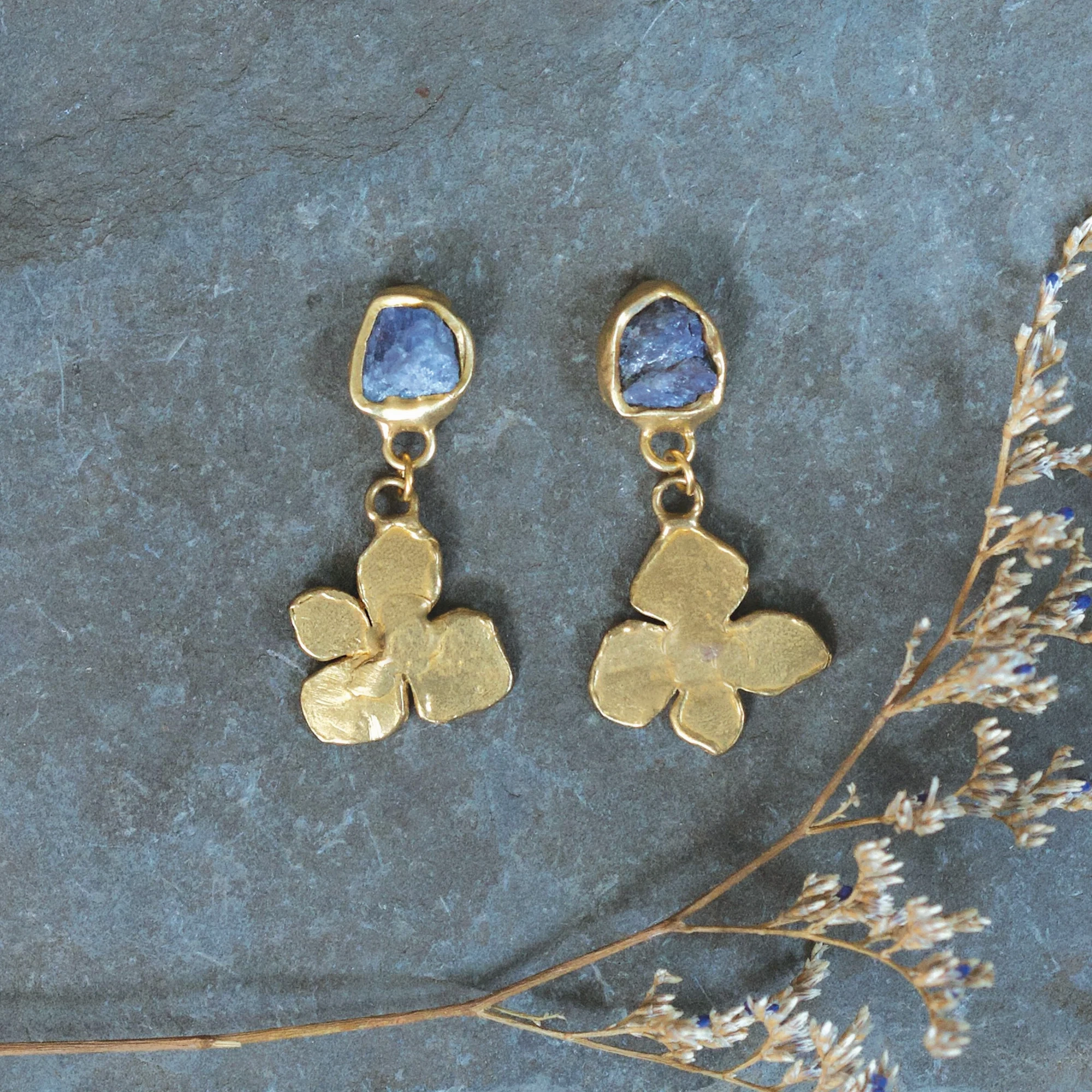 Dainty Charm Hydrangea Bloom Earrings - Brass, Tanzanite   Silver