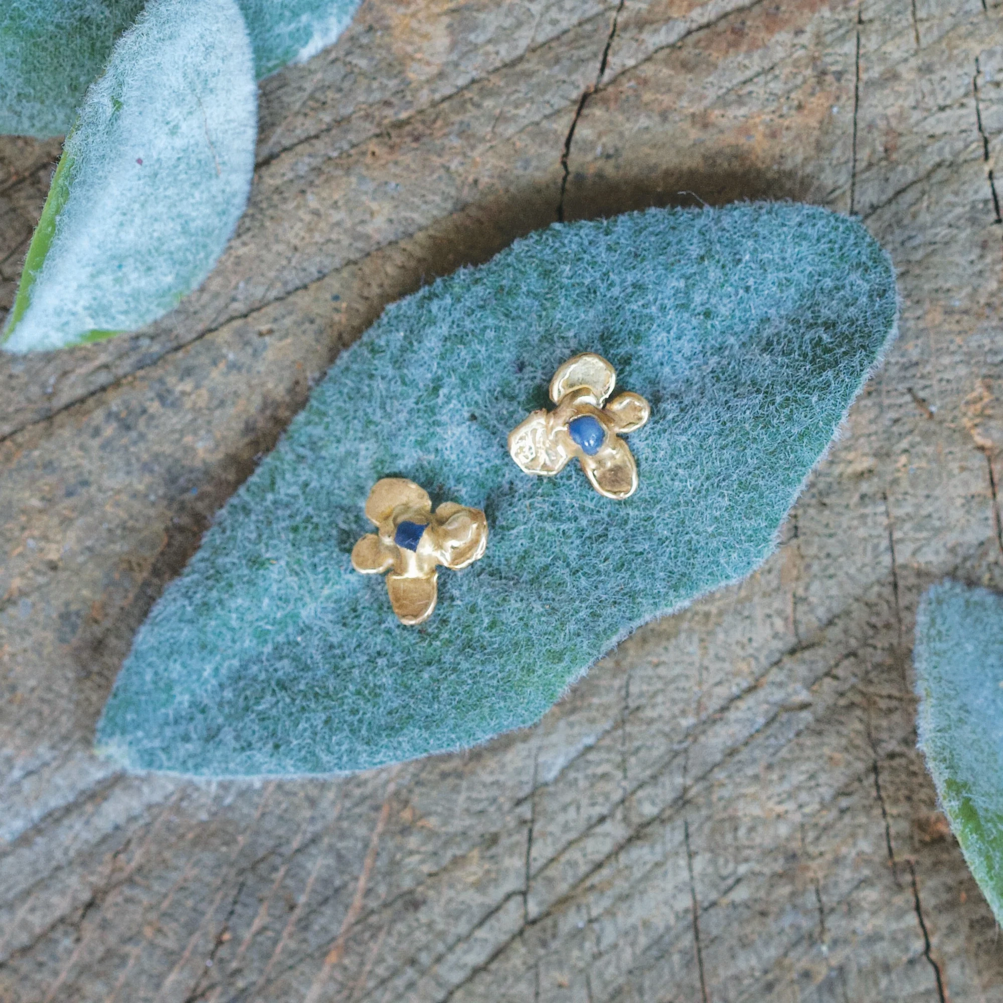 Hydrangea Bud Studs - Brass, Blue Sapphire   Silver Creative Match