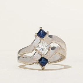 Fashionable Jewelry Elegant Finish Three Stone Princess Cut Diamond & Sapphire Bypass Ring | 0.48ct, 0.46ctw | SZ 6