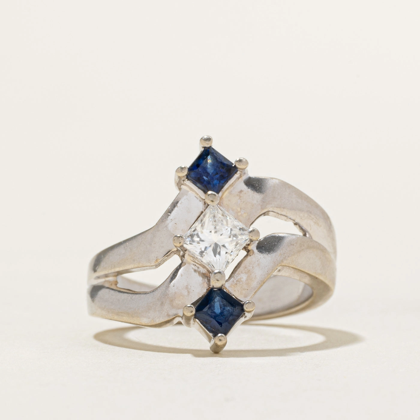 Fashionable Jewelry Elegant Finish Three Stone Princess Cut Diamond & Sapphire Bypass Ring | 0.48ct, 0.46ctw | SZ 6