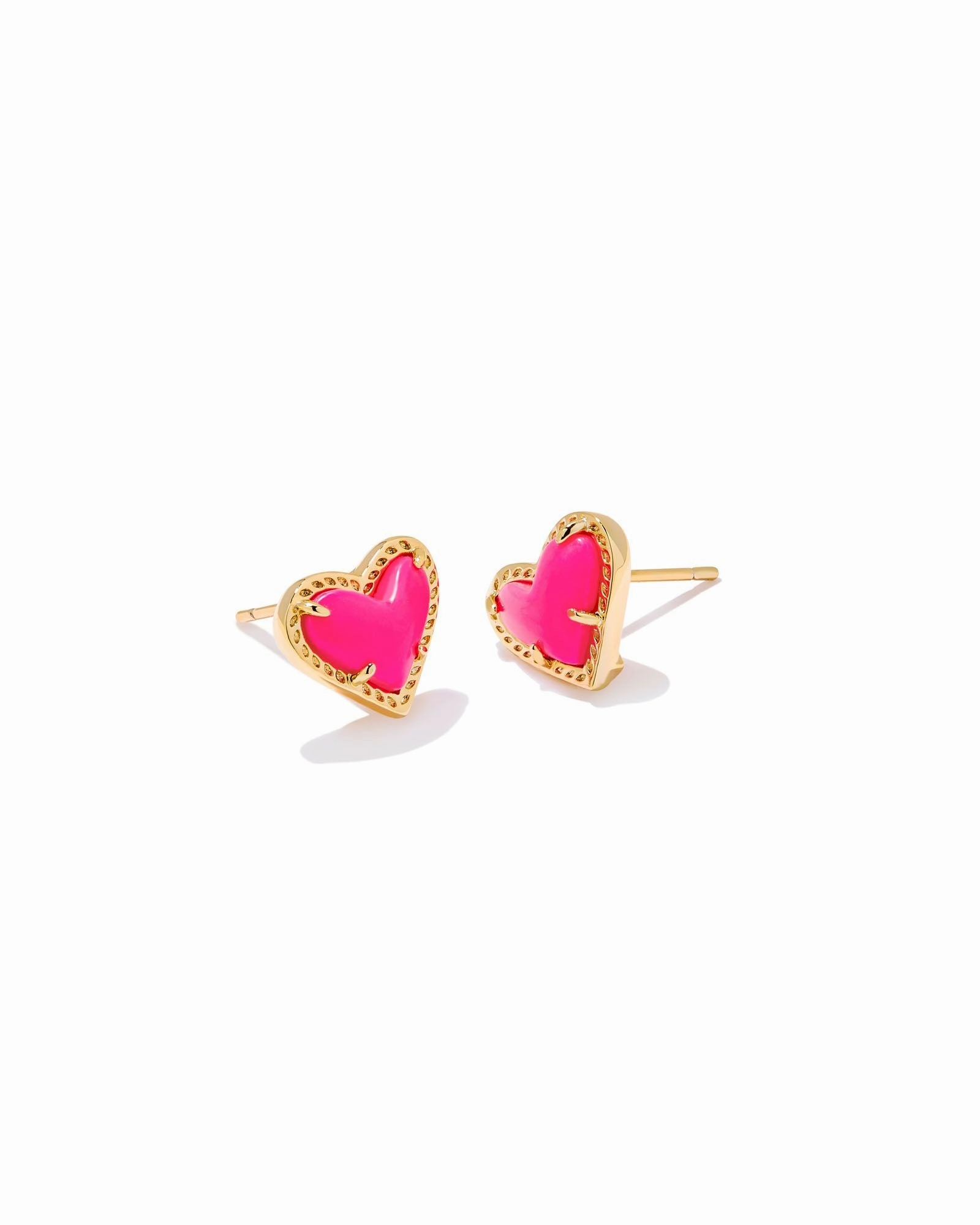 Kendra Scott Ari Heart Gold Stud Earrings in Neon Pink Magnesite Layered Combo