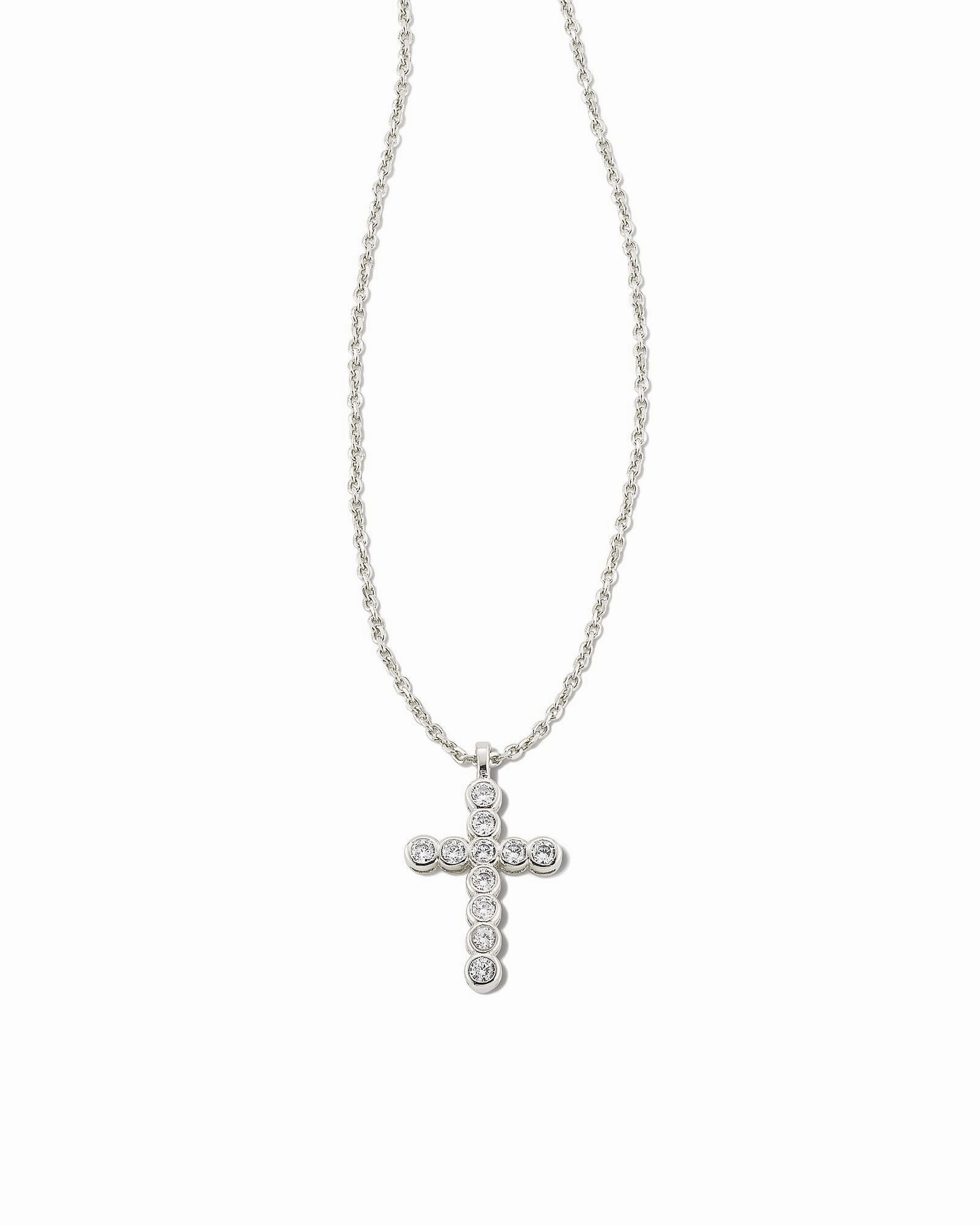 Kendra Scott Cross Silver Pendant Necklace in White Crystal Fresh Form