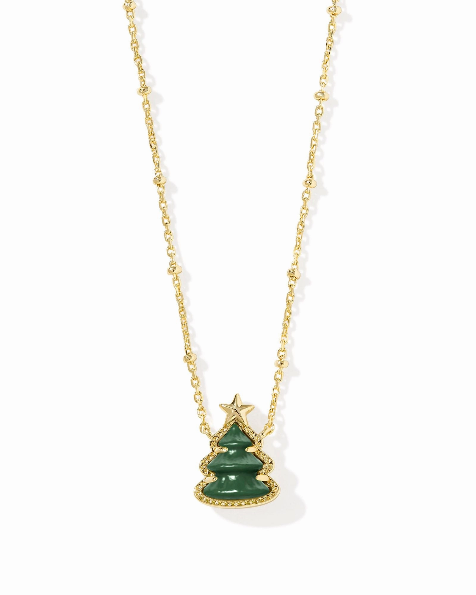 Kendra Scott Holiday Tree Gold Short Pendant Necklace in Green Quartzite Youth Set