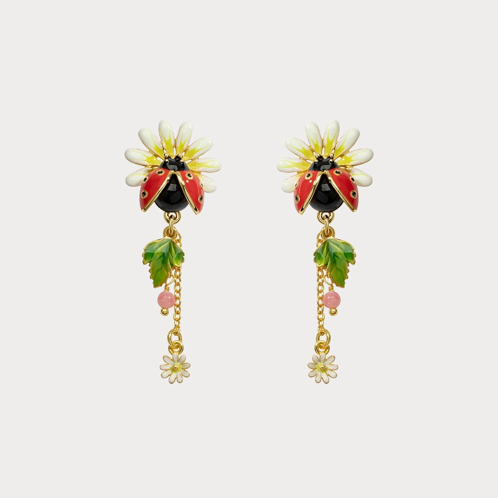 Vintage Adornment Ladybug Daisy Drop Earrings