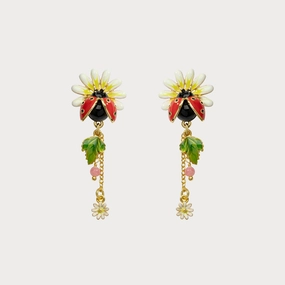 Vintage Adornment Ladybug Daisy Drop Earrings
