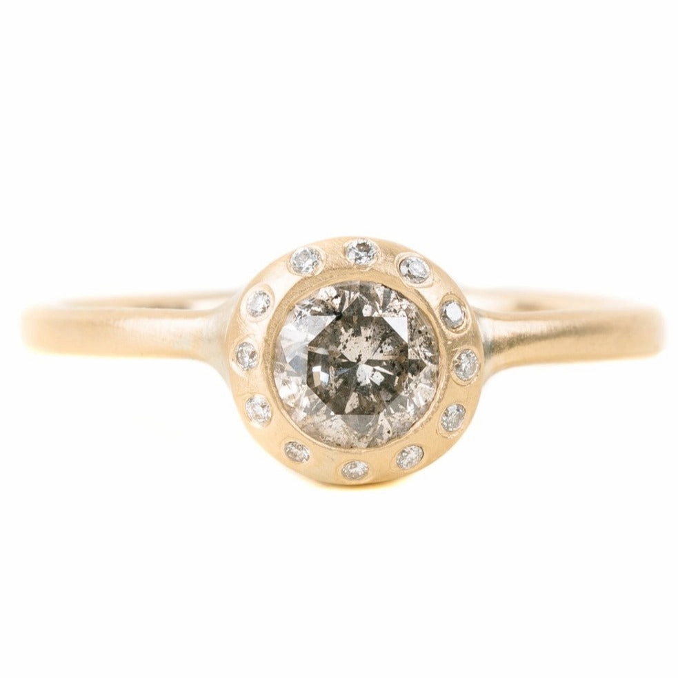 Legacy Diamond Ring - Salt   Pepper Brilliant Cut Diamond set in a 18ky Gold Smooth Extra Heavy Bezel with a Halo Flush Set with VS Diamonds Effortless Look Subtle Accessory