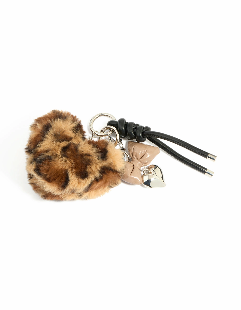 Leopard Print Fluffy Heart & PU Leather Bow Key Chain Night Mood