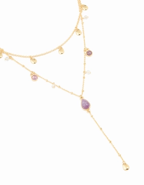 Gold Plated Purple Semi Precious Stone Droplet Layered Y-Necklace Glow Up Look Silhouetted Shine