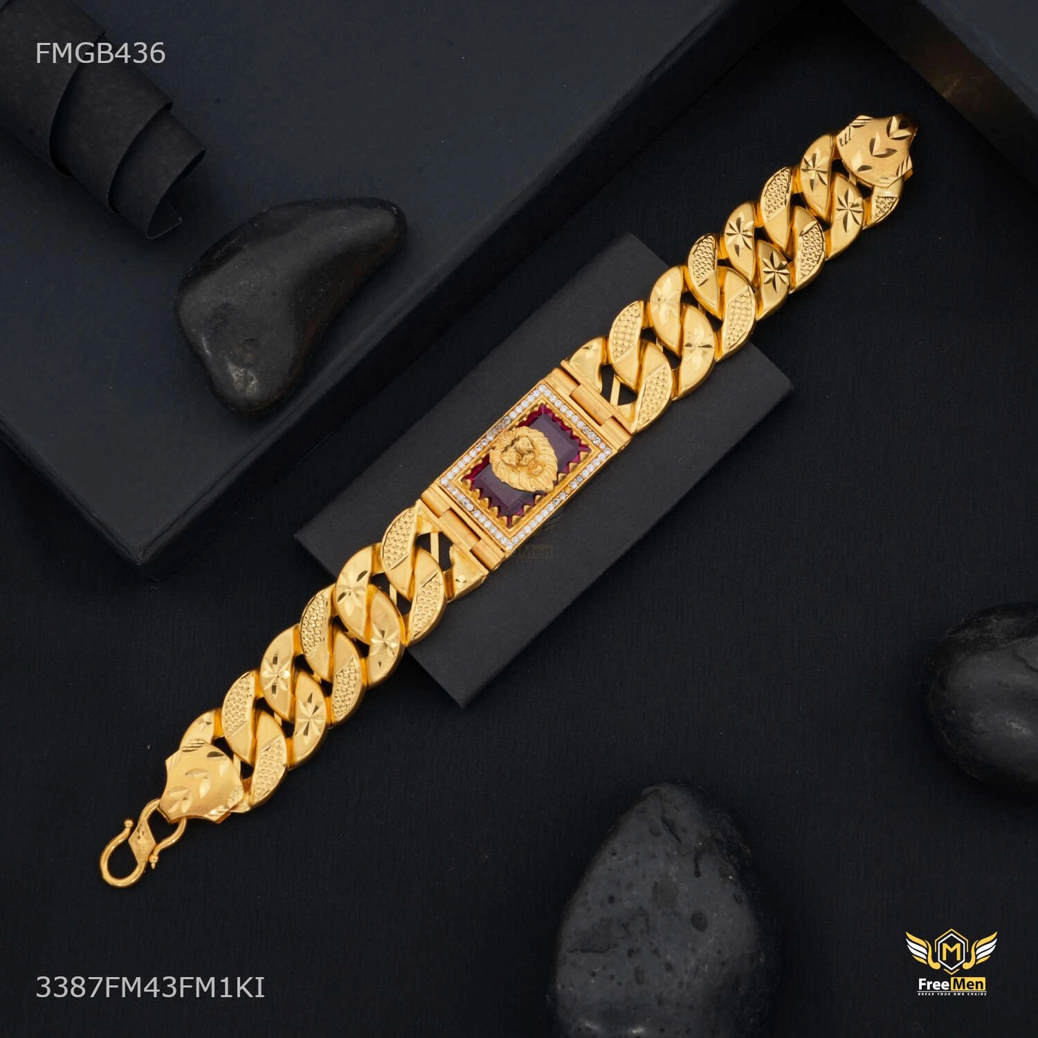 Stylish Pop Daily Look Lion Face AD Box with Pokel Gold Plated Bracelet  for Men - FMGB436