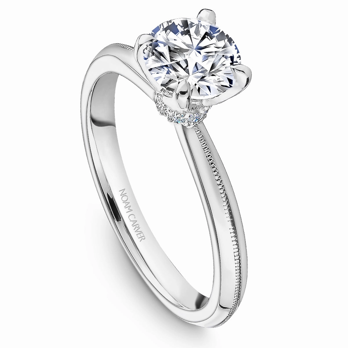 Delicate Embellishment Chic Appeal Noam Carver Hidden Halo Solitaire Engagement Ring Setting in White Gold