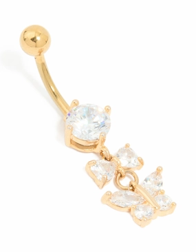 Gold Plated Surgical Steel Cubic Zirconia Bow & Butterfly Drop Belly Bar Vivid Touch