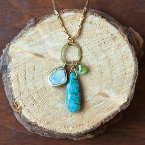 Delicate Style Artisan Craft Lure Pendant - Brass, Aquamarine, Vesuvanite   Chrysocolla