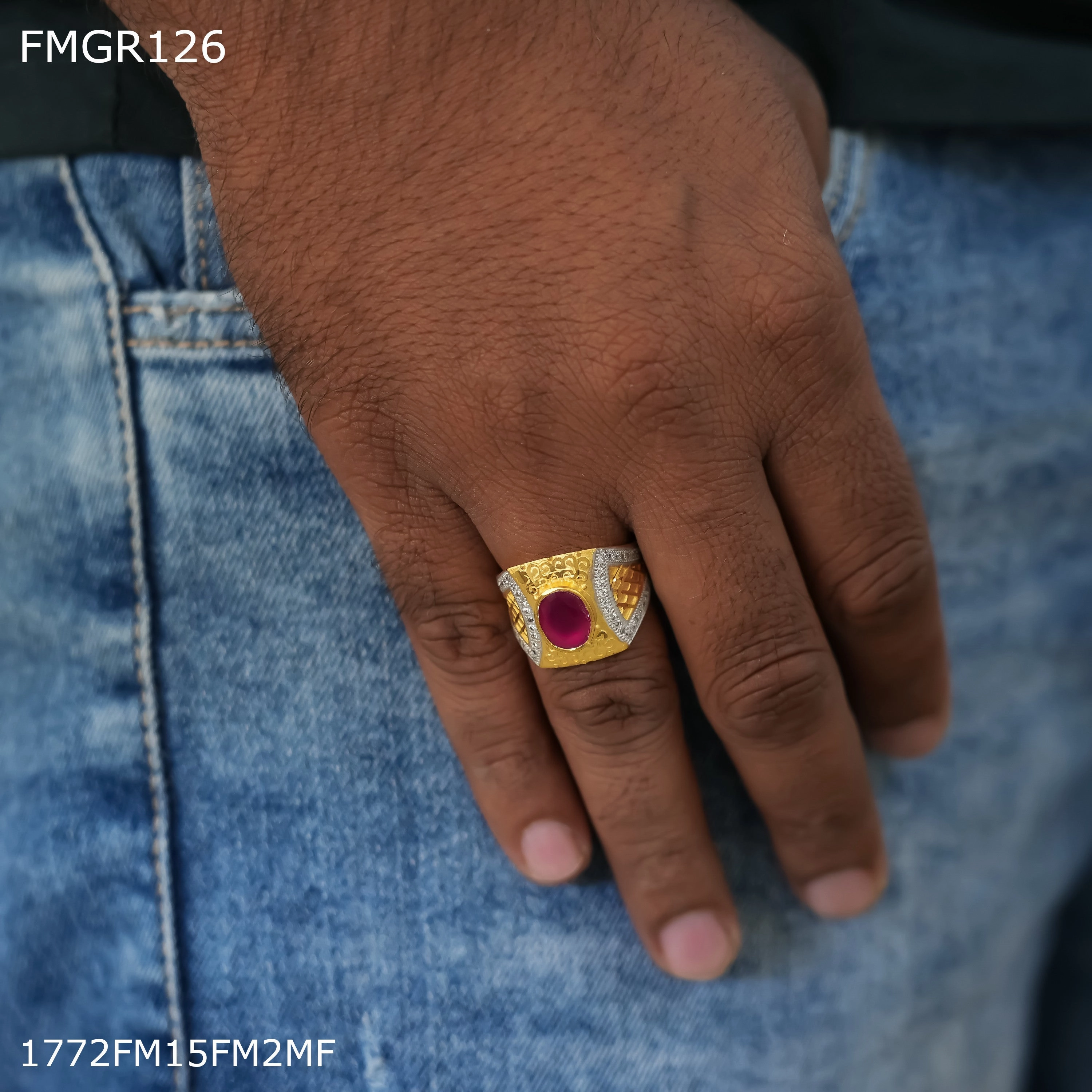 Natural Spark Freeme 1gm redpink stone ad gold plated ring for men - FMGRI126