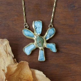 Luxury Shine Finish Sea Flower Pendant - Brass, Aquamarine   Green Garnet