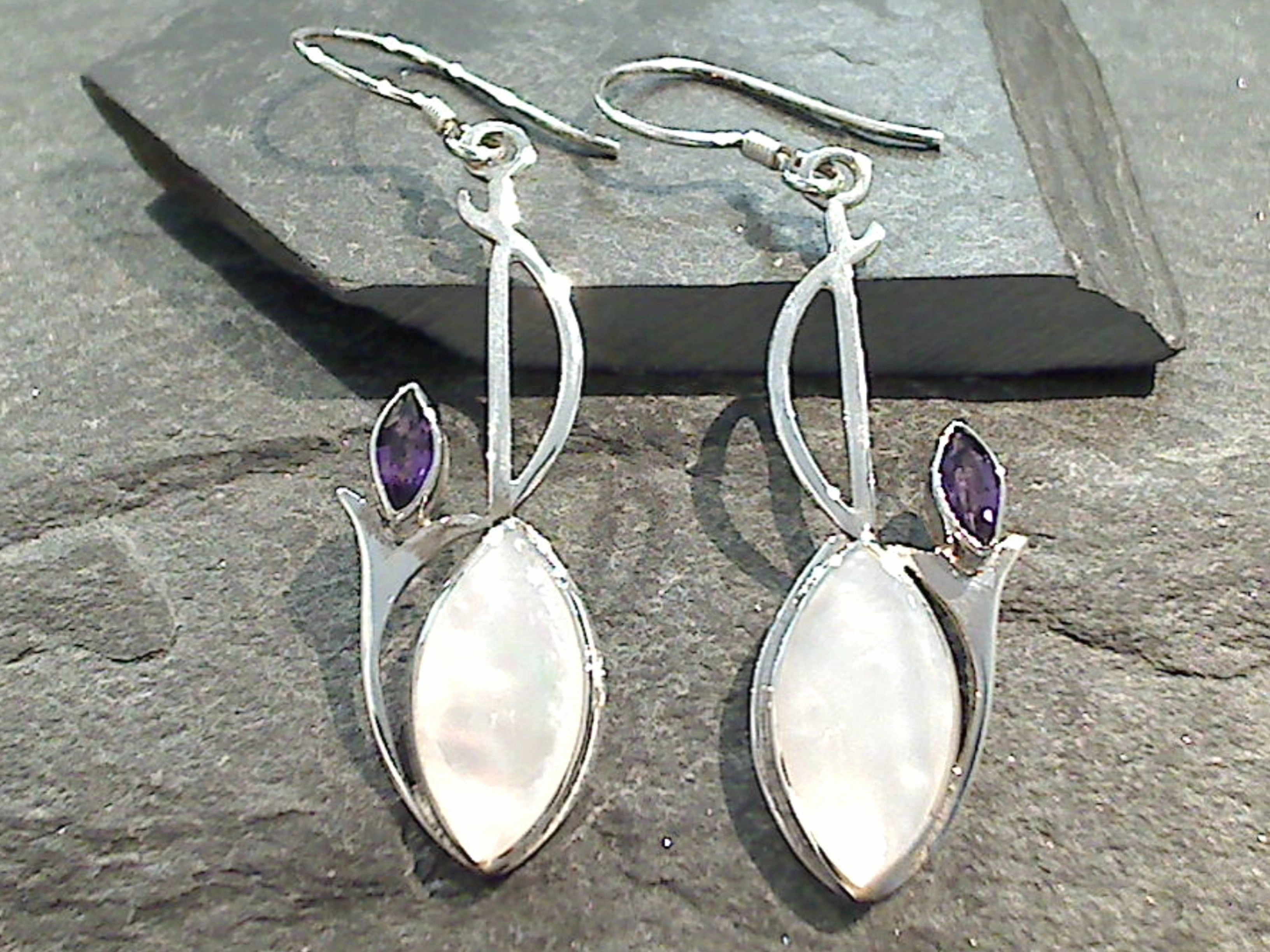Mother Of Pearl, Amethyst, Sterling Silver Earrings Model Fit Stylish Fashion