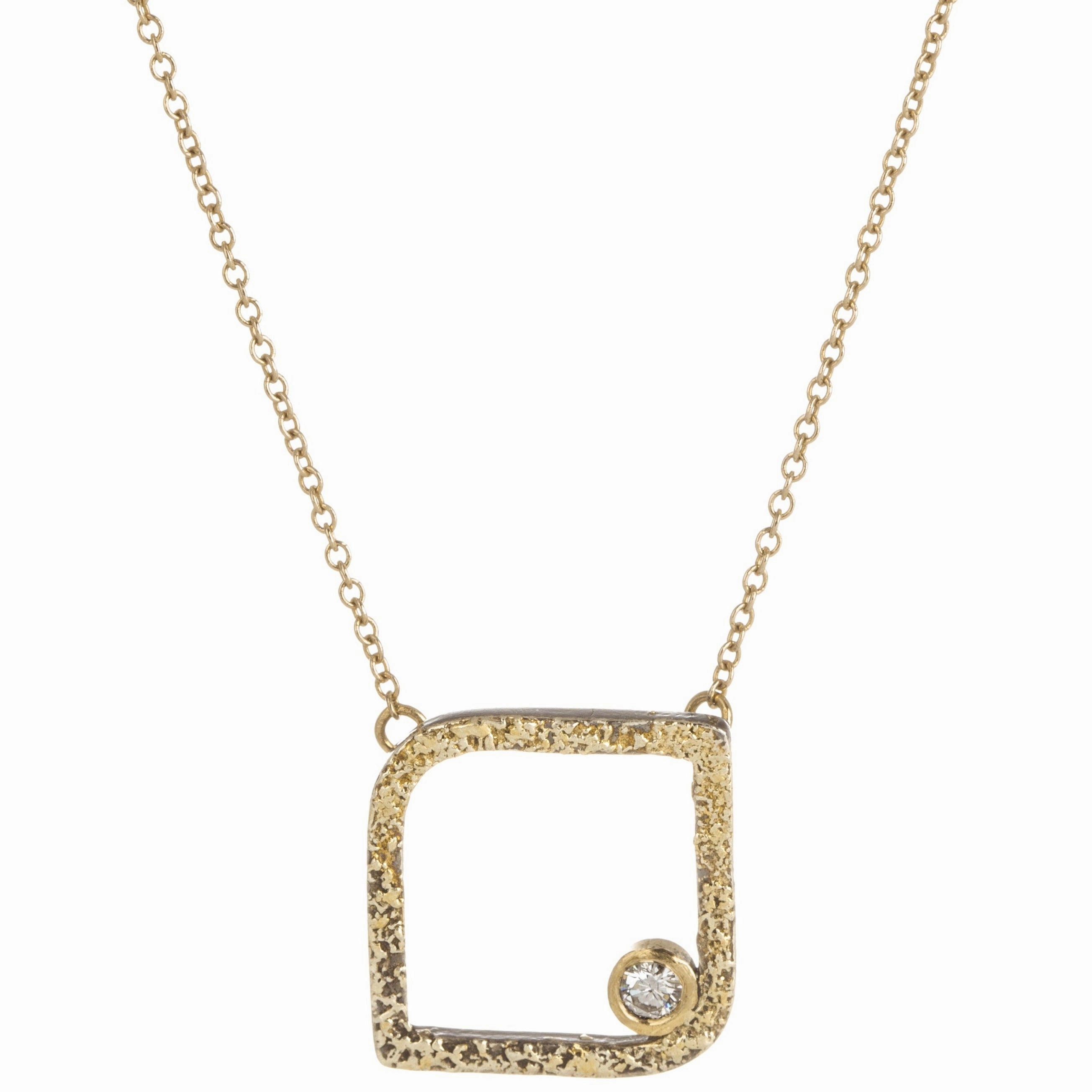 Lustrous Finish Crisp Look Mini Slice Square Necklace on 14k Gold Chain - 22k/18k/14k Gold, Oxidized Silver   VS White Diamonds