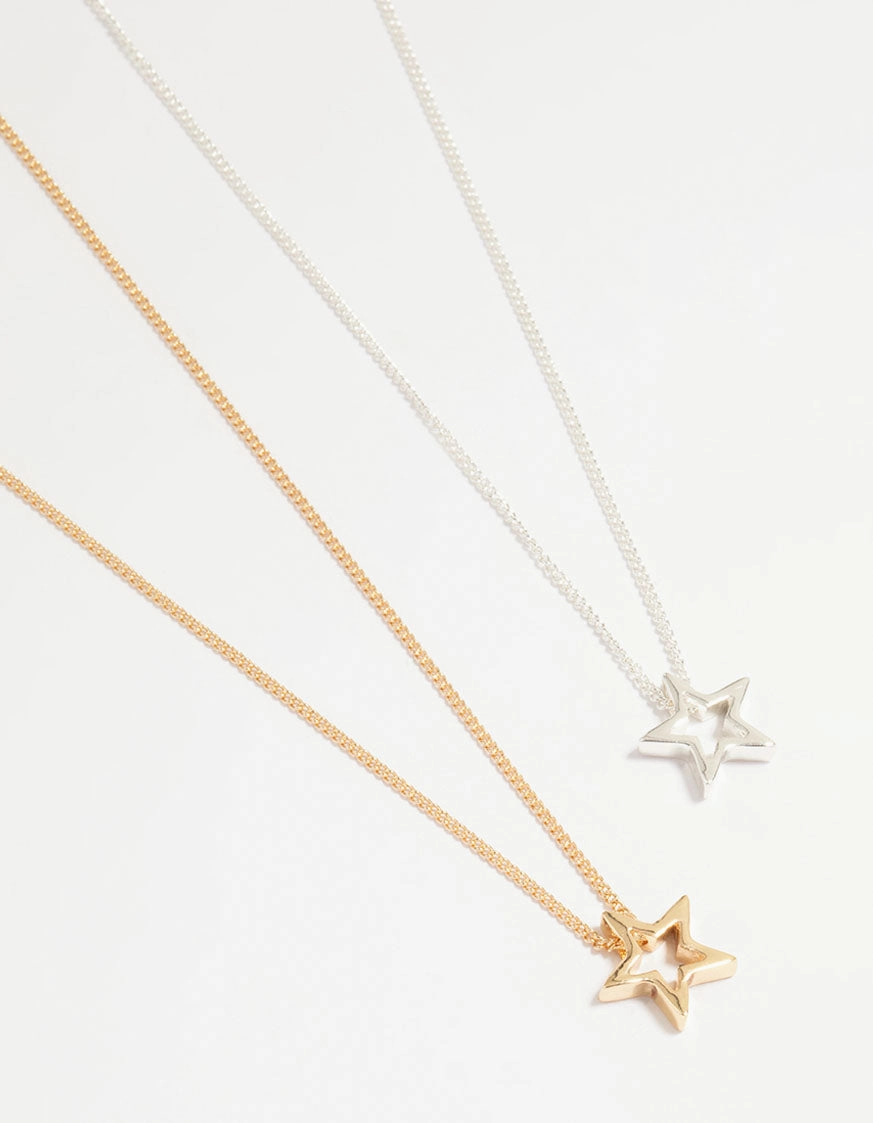 Mixed Metal Cutout Star Pendant Necklaces 2-Pack Gift For All Daily Layer