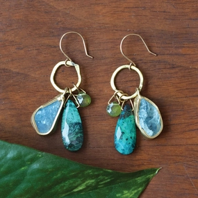 Lure Earrings - Brass, Aquamarine, Vesuvianite   Chrysocolla Luxe Pick