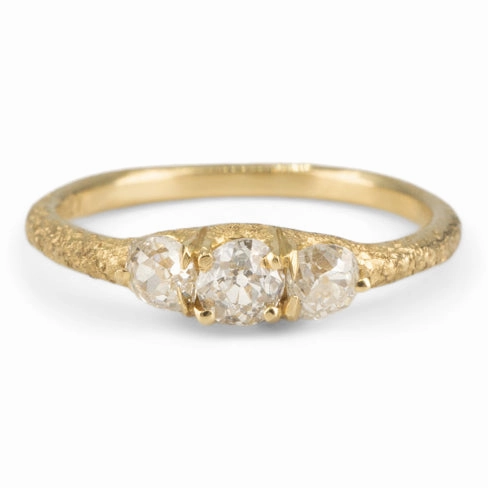 3 Stone Old Mine Cut Diamond Ring - 18k Gold   Diamonds Sz 7 Glamorous Work Petite Design